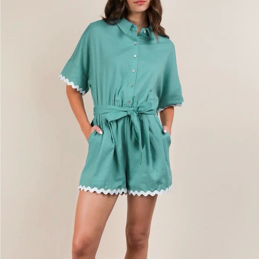Teal Button-Up Romper with White Trim NWT